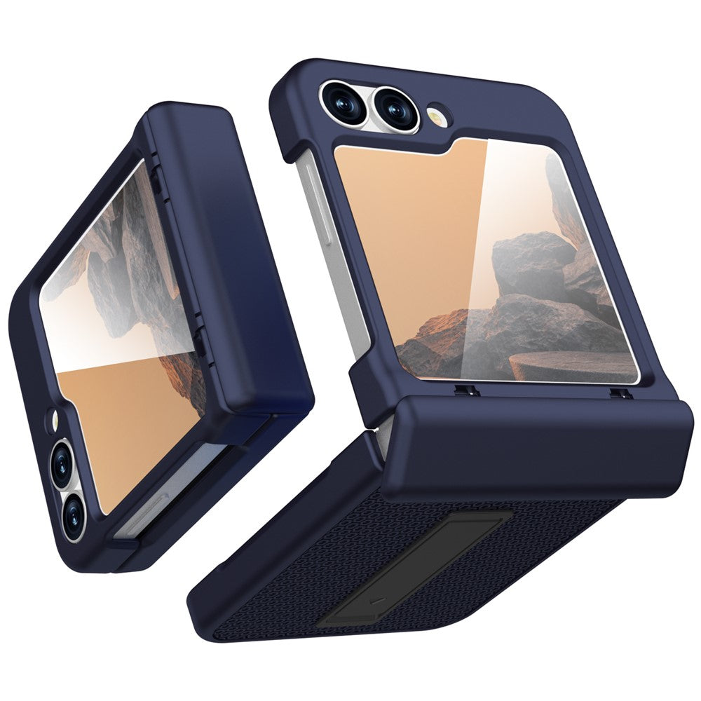 GW182 For Samsung Galaxy Z Flip7 FE 5G / Flip6 5G Kickstand Case Solid Color Hard PC Phone Back Cover - Dark Blue