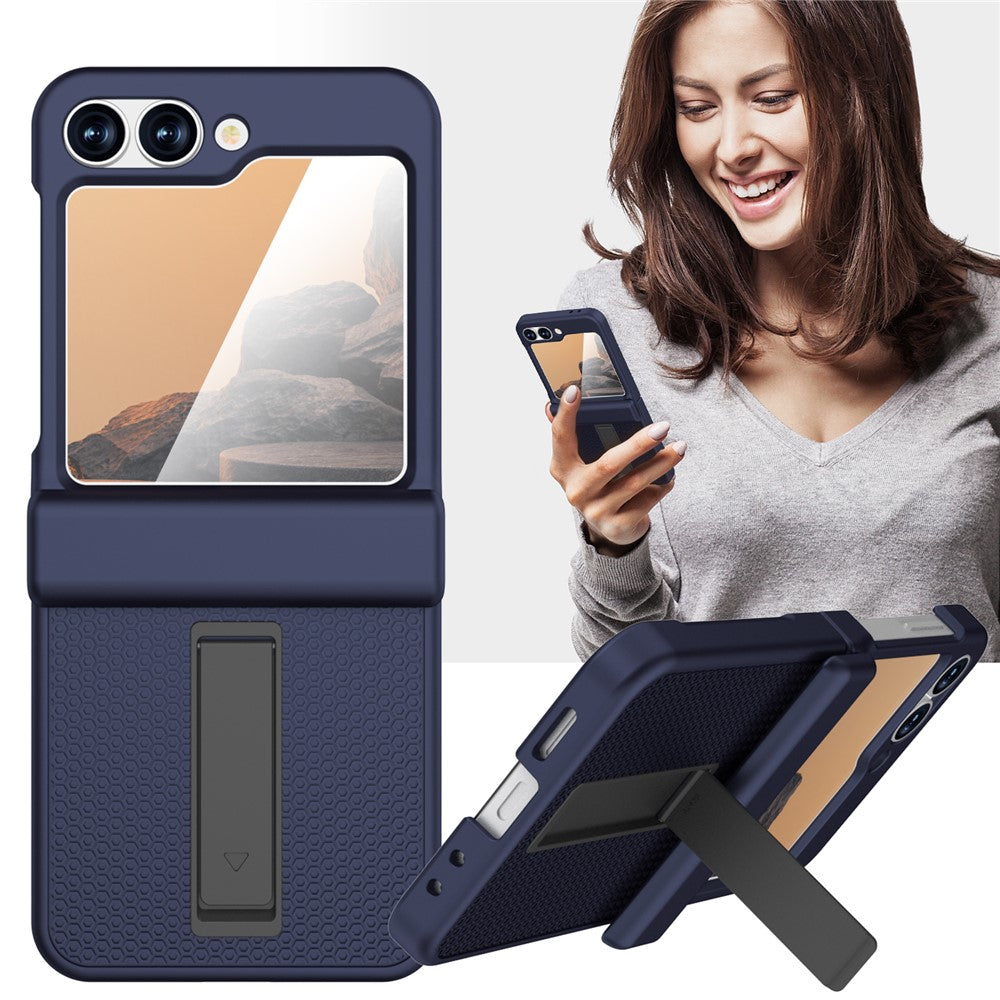GW182 For Samsung Galaxy Z Flip7 FE 5G / Flip6 5G Kickstand Case Solid Color Hard PC Phone Back Cover - Dark Blue