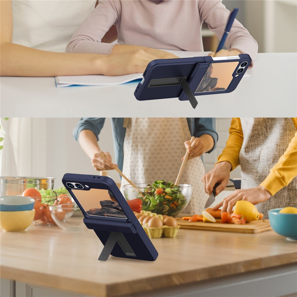 GW182 For Samsung Galaxy Z Flip7 FE 5G / Flip6 5G Kickstand Case Solid Color Hard PC Phone Back Cover - Dark Blue