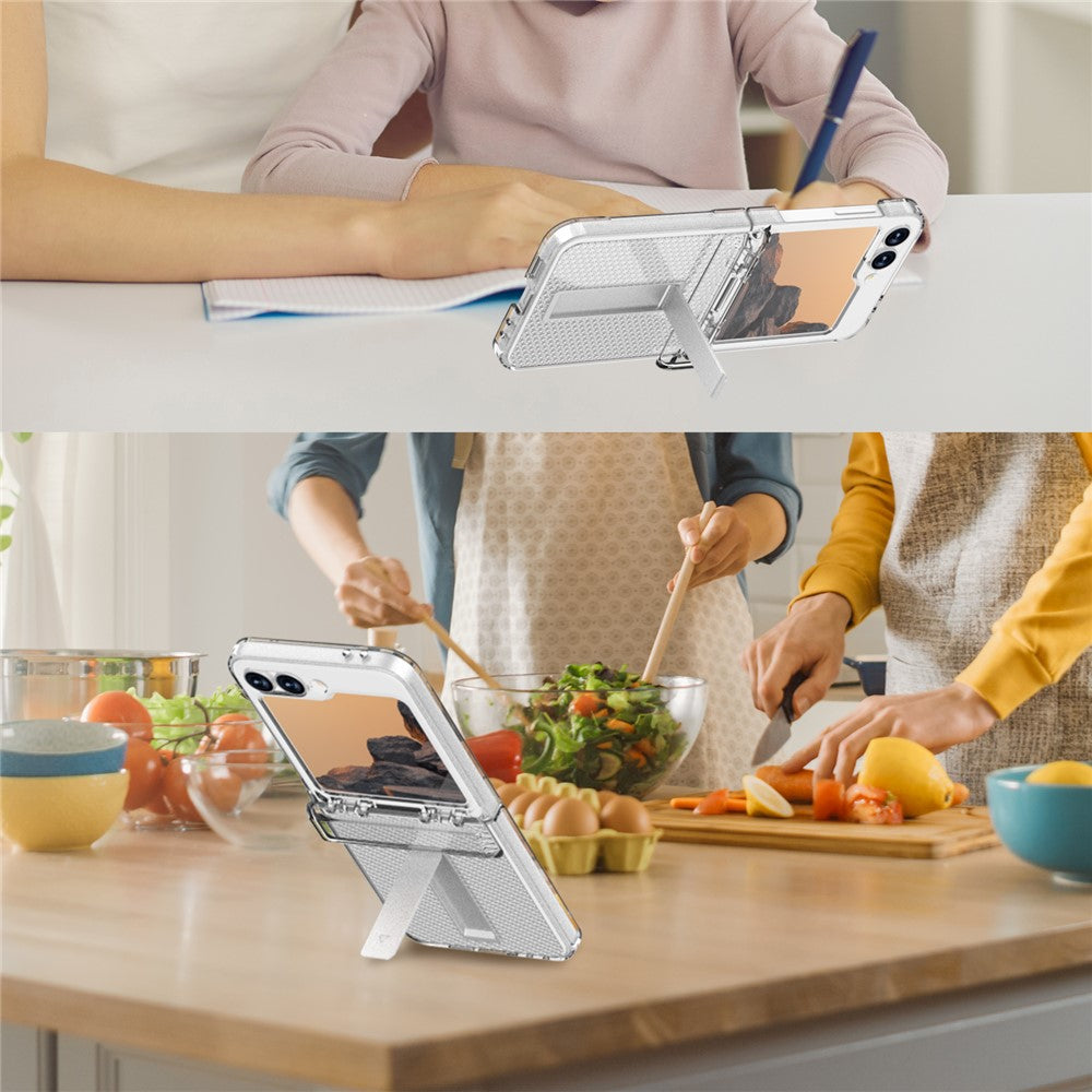 GW182 For Samsung Galaxy Z Flip7 FE 5G / Flip6 5G Kickstand Case Solid Color Hard PC Phone Back Cover - Transparent