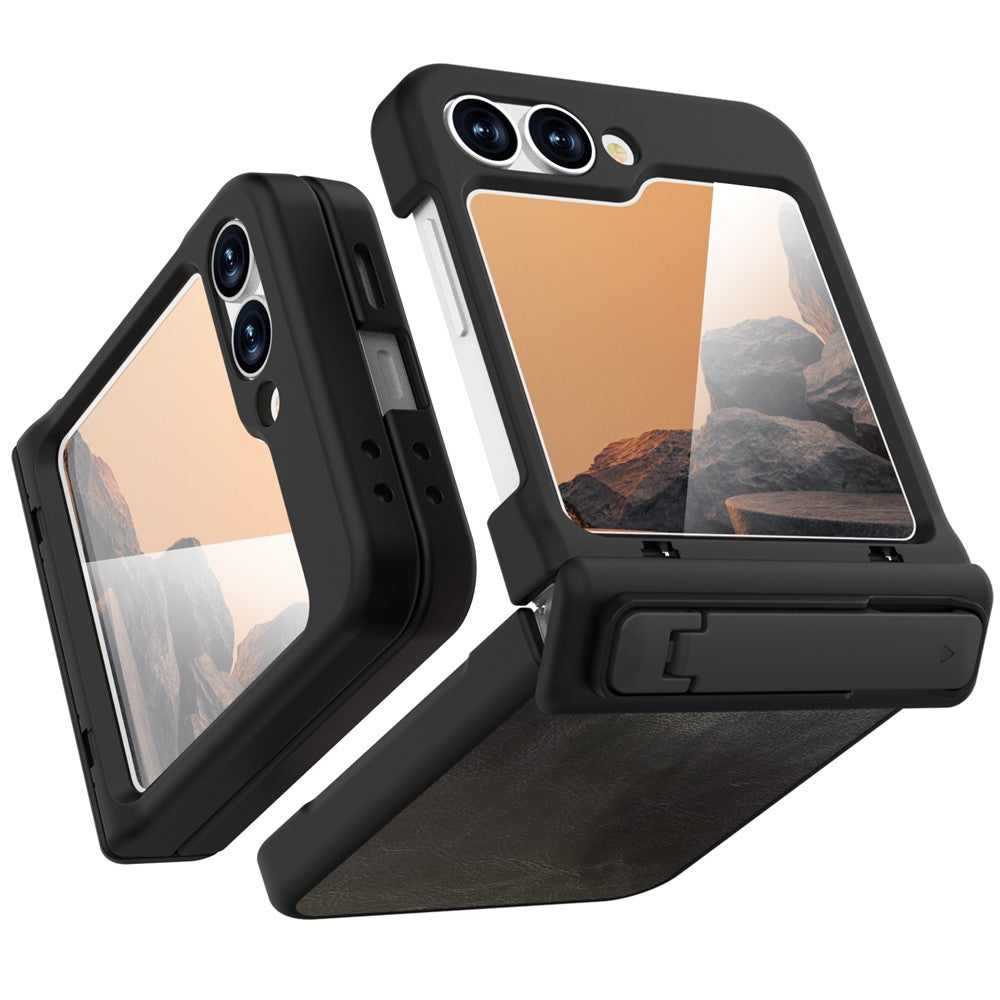 GW181 For Samsung Galaxy Z Flip7 FE 5G / Flip6 5G Kickstand Case Crazy Horse Texture PU PC Phone Back Cover - Black