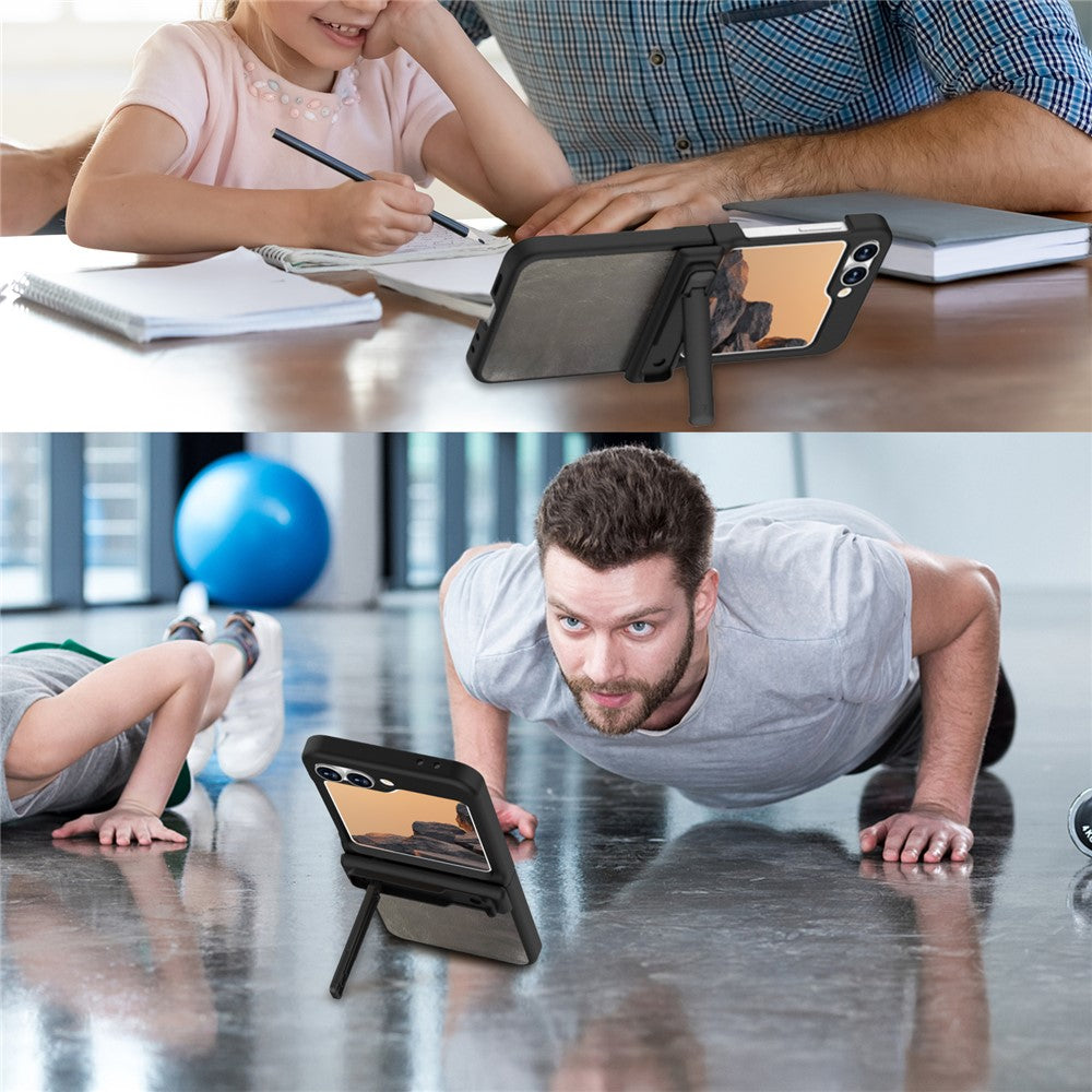 GW181 For Samsung Galaxy Z Flip7 FE 5G / Flip6 5G Kickstand Case Crazy Horse Texture PU PC Phone Back Cover - Black