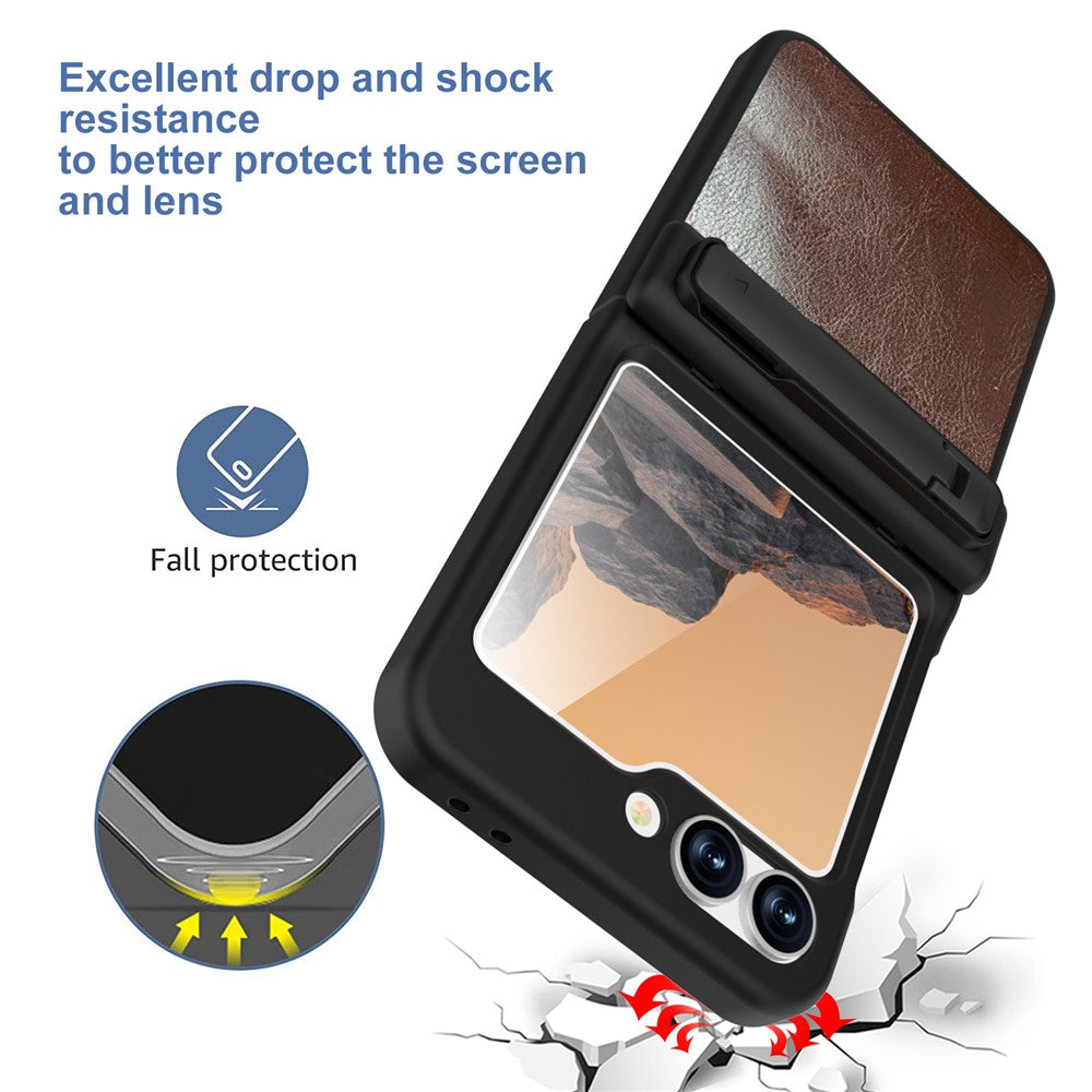 GW181 For Samsung Galaxy Z Flip7 FE 5G / Flip6 5G Kickstand Case Crazy Horse Texture PU PC Phone Back Cover - Dark Brown