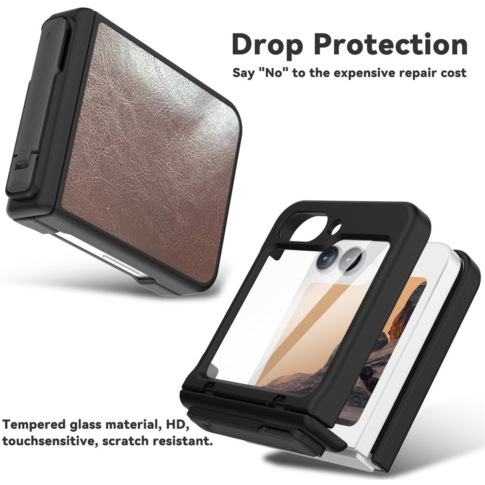 GW181 For Samsung Galaxy Z Flip7 FE 5G / Flip6 5G Kickstand Case Crazy Horse Texture PU PC Phone Back Cover - Dark Brown