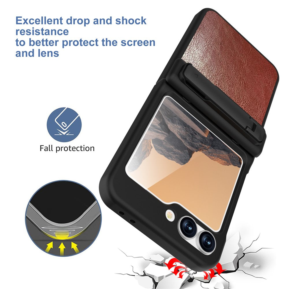 GW181 For Samsung Galaxy Z Flip7 FE 5G / Flip6 5G Kickstand Case Crazy Horse Texture PU PC Phone Back Cover - Brownish Red