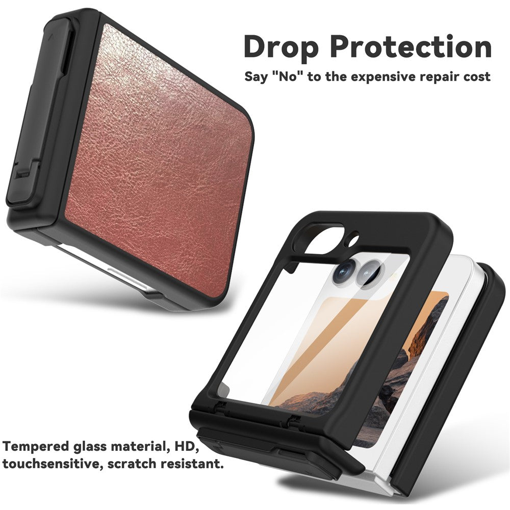 GW181 For Samsung Galaxy Z Flip7 FE 5G / Flip6 5G Kickstand Case Crazy Horse Texture PU PC Phone Back Cover - Brownish Red