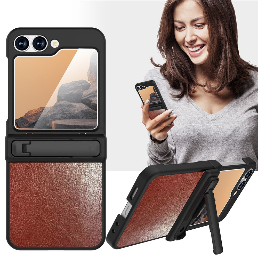 GW181 For Samsung Galaxy Z Flip7 FE 5G / Flip6 5G Kickstand Case Crazy Horse Texture PU PC Phone Back Cover - Brownish Red