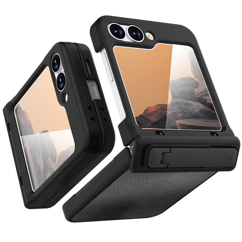 GW181 For Samsung Galaxy Z Flip7 FE 5G / Flip6 5G Kickstand Case Litchi Texture PU + PC Phone Back Cover - Black