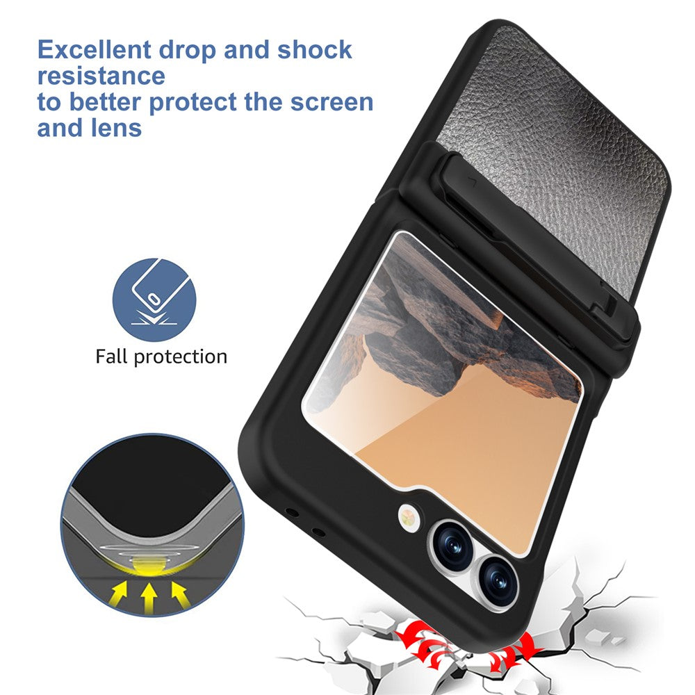 GW181 For Samsung Galaxy Z Flip7 FE 5G / Flip6 5G Kickstand Case Litchi Texture PU + PC Phone Back Cover - Black