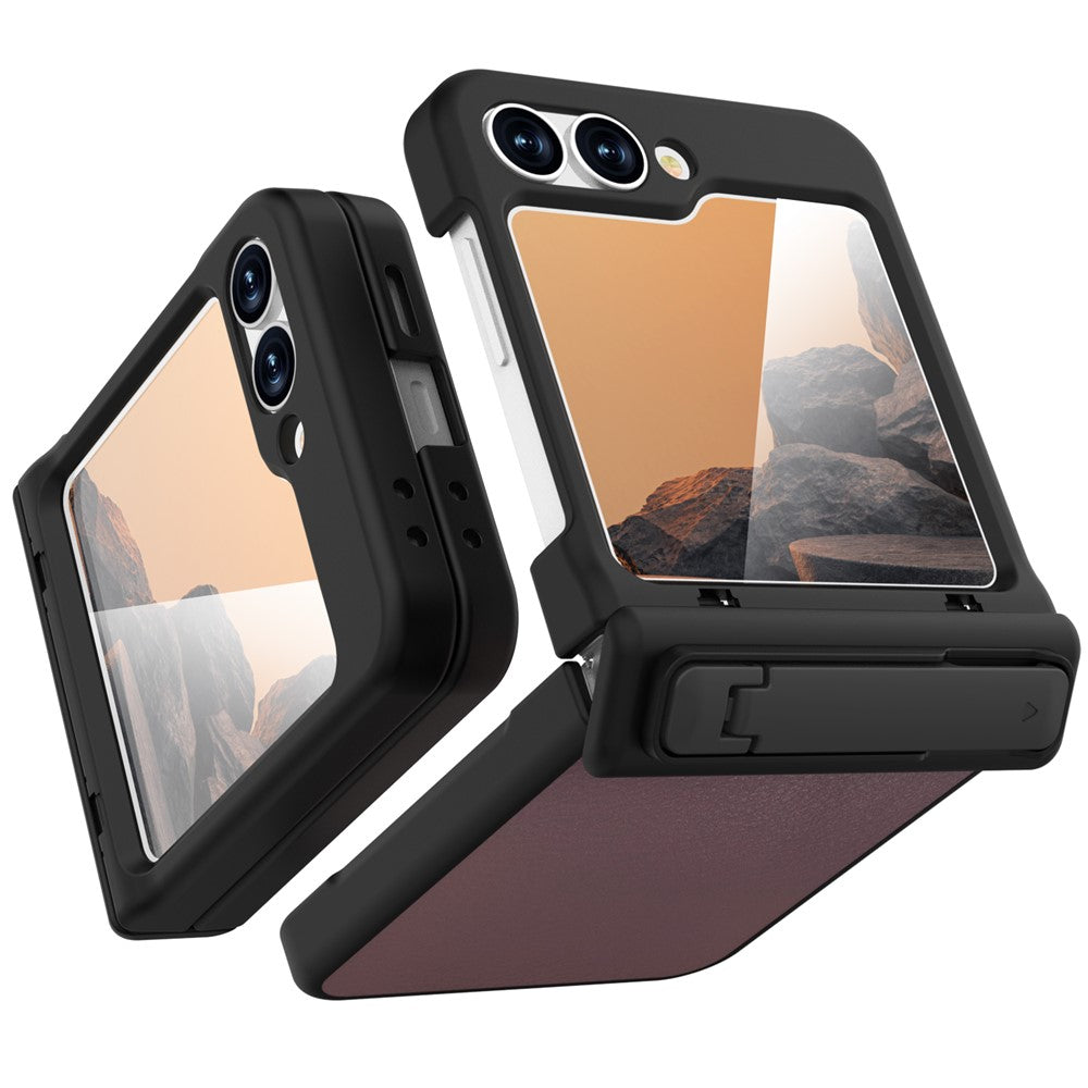 GW181 For Samsung Galaxy Z Flip7 FE 5G / Flip6 5G Kickstand Case Litchi Texture PU + PC Phone Back Cover - Light Pink