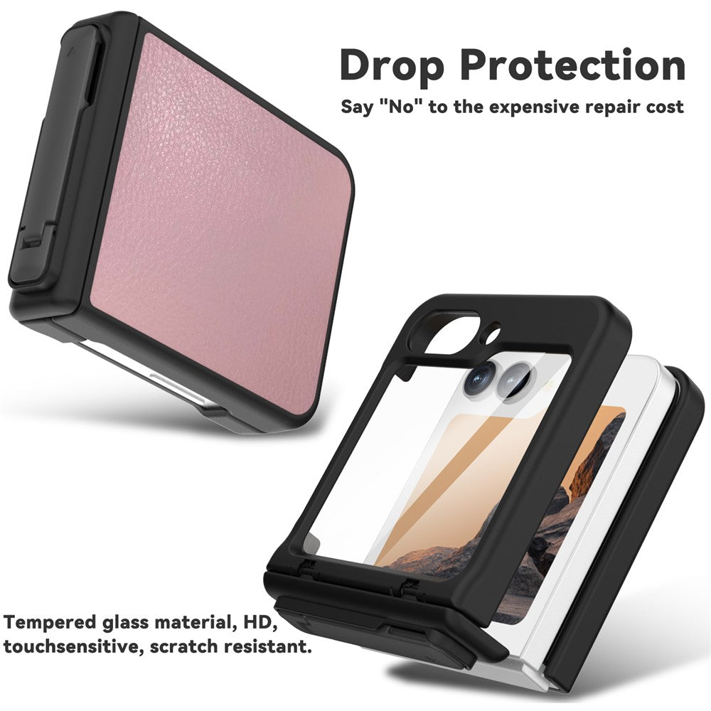 GW181 For Samsung Galaxy Z Flip7 FE 5G / Flip6 5G Kickstand Case Litchi Texture PU + PC Phone Back Cover - Light Pink