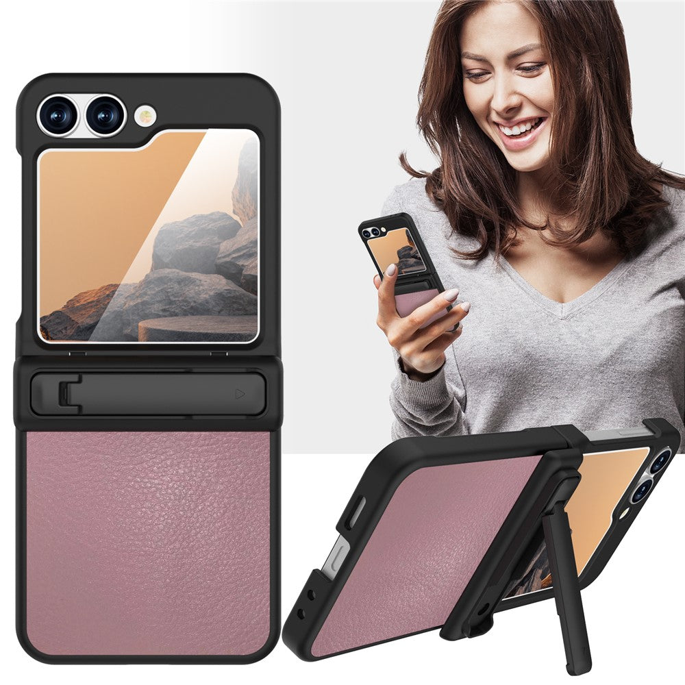 GW181 For Samsung Galaxy Z Flip7 FE 5G / Flip6 5G Kickstand Case Litchi Texture PU + PC Phone Back Cover - Light Pink