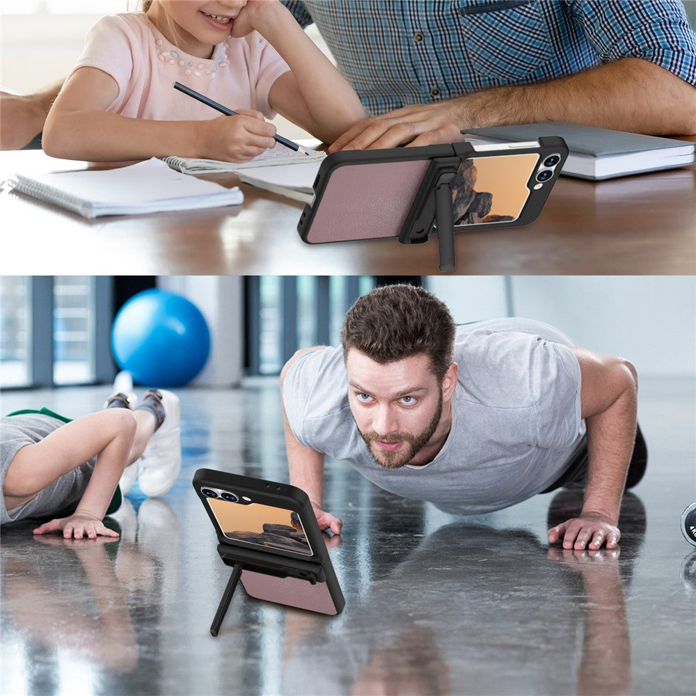 GW181 For Samsung Galaxy Z Flip7 FE 5G / Flip6 5G Kickstand Case Litchi Texture PU + PC Phone Back Cover - Light Pink