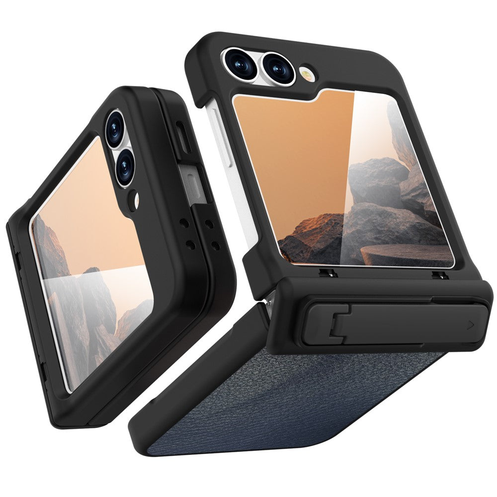 GW181 For Samsung Galaxy Z Flip7 FE 5G / Flip6 5G Kickstand Case Litchi Texture PU + PC Phone Back Cover - Grey Blue