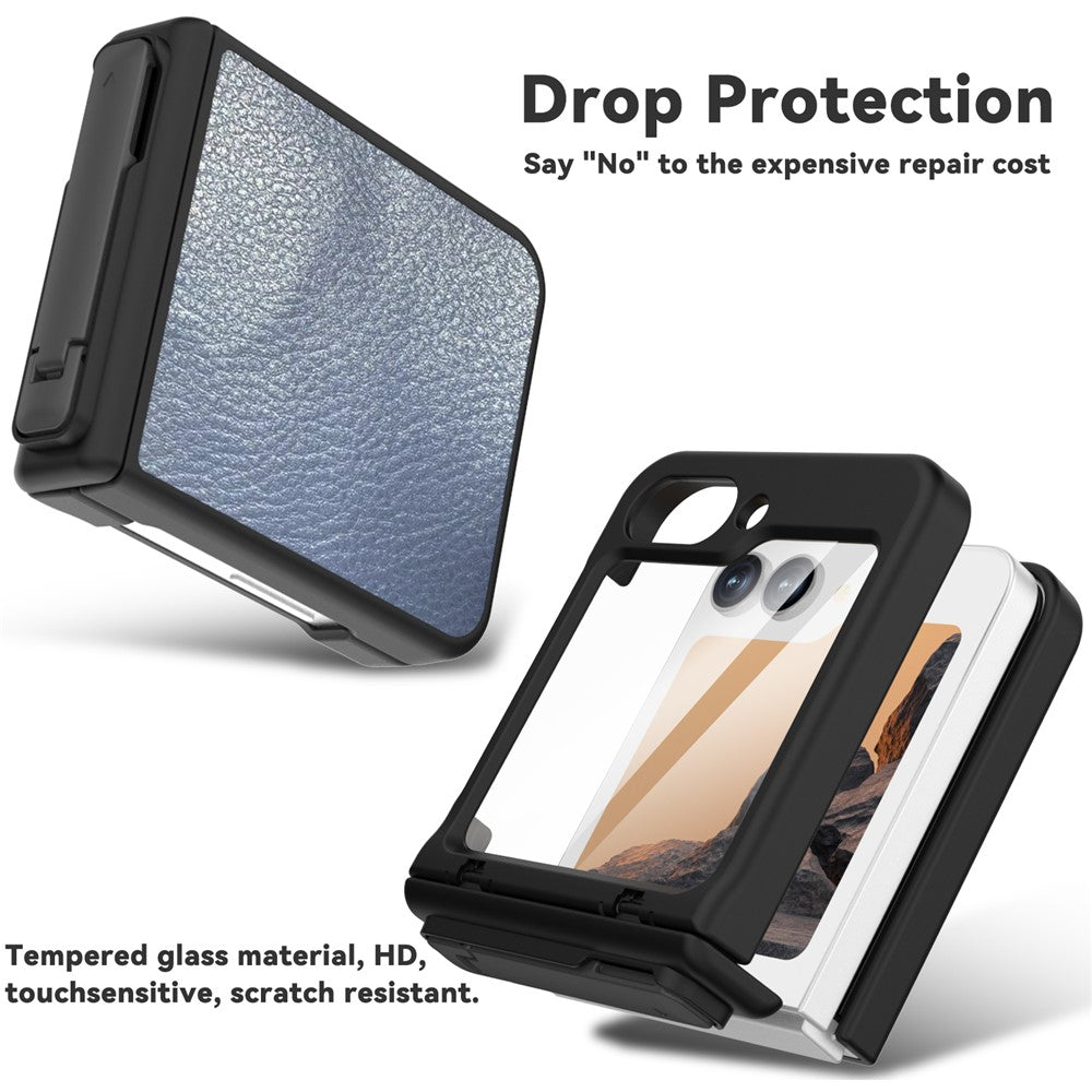 GW181 For Samsung Galaxy Z Flip7 FE 5G / Flip6 5G Kickstand Case Litchi Texture PU + PC Phone Back Cover - Grey Blue