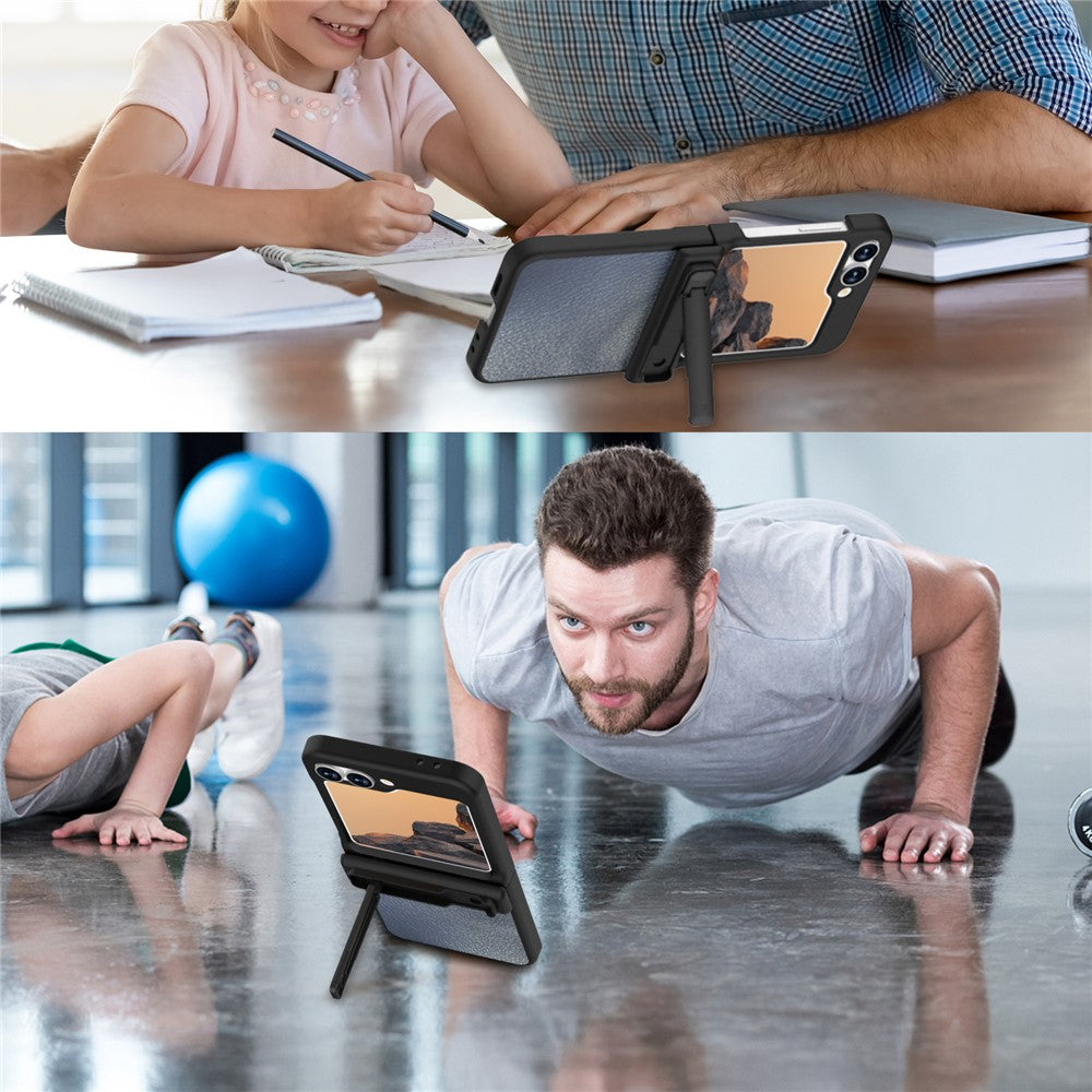 GW181 For Samsung Galaxy Z Flip7 FE 5G / Flip6 5G Kickstand Case Litchi Texture PU + PC Phone Back Cover - Grey Blue