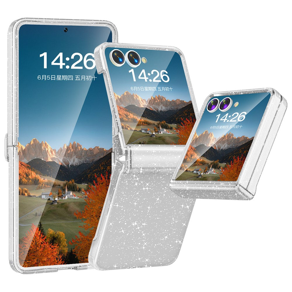 For Samsung Galaxy Z Flip7 5G Case Hinge Protection Hard PC Phone Cover Built-In Screen Film - Clear Glitter