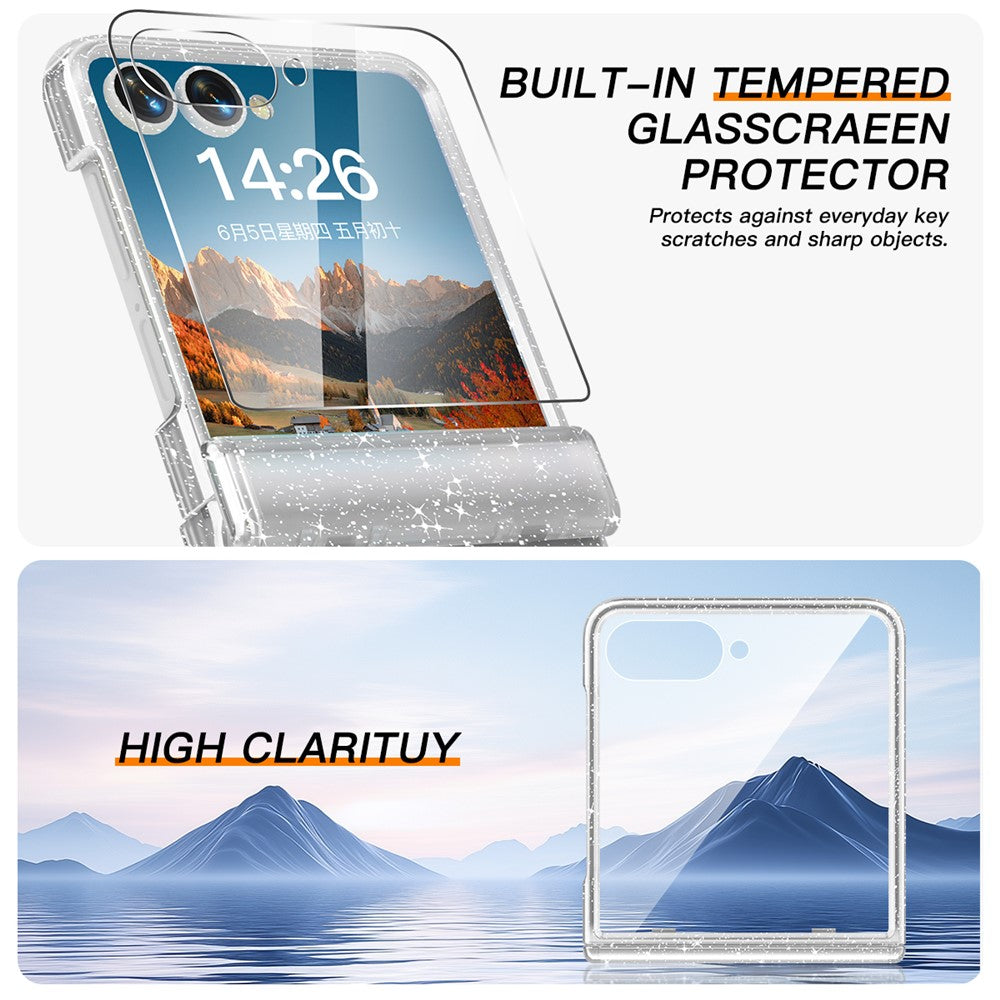 For Samsung Galaxy Z Flip7 5G Case Hinge Protection Hard PC Phone Cover Built-In Screen Film - Clear Glitter