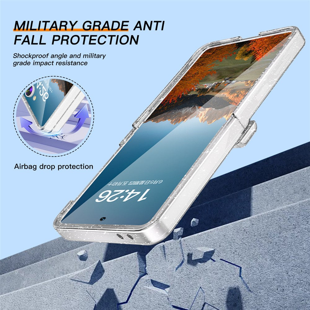For Samsung Galaxy Z Flip7 5G Case Hinge Protection Hard PC Phone Cover Built-In Screen Film - Clear Glitter