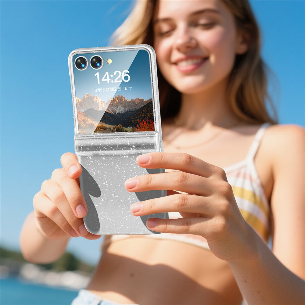For Samsung Galaxy Z Flip7 5G Case Hinge Protection Hard PC Phone Cover Built-In Screen Film - Clear Glitter