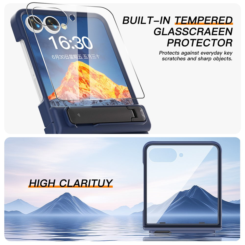 For Samsung Galaxy Z Flip7 5G Kickstand Case Hinge Protection Hard PC Phone Cover Built-In Screen Film - Dark Blue