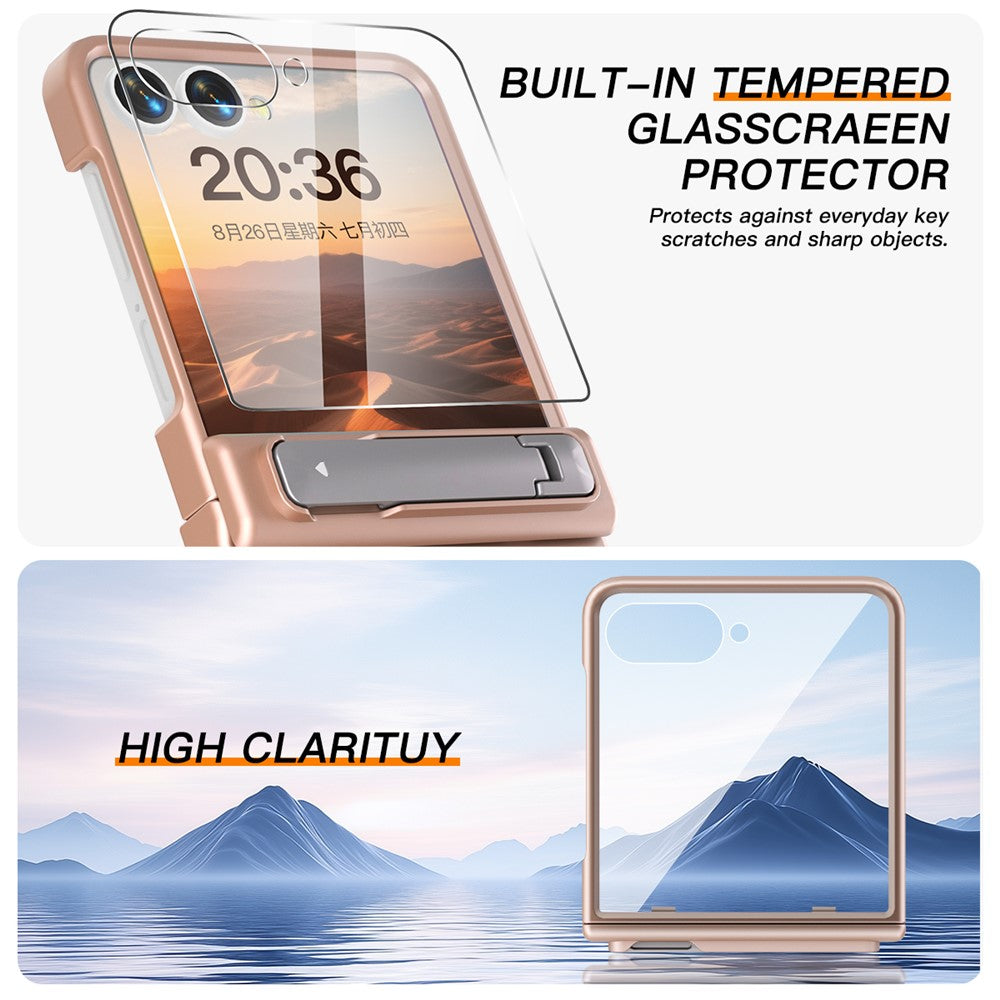 For Samsung Galaxy Z Flip7 5G Kickstand Case Hinge Protection Hard PC Phone Cover Built-In Screen Film - Rose Gold