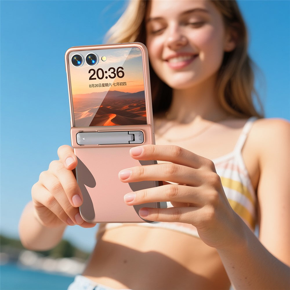 For Samsung Galaxy Z Flip7 5G Kickstand Case Hinge Protection Hard PC Phone Cover Built-In Screen Film - Rose Gold