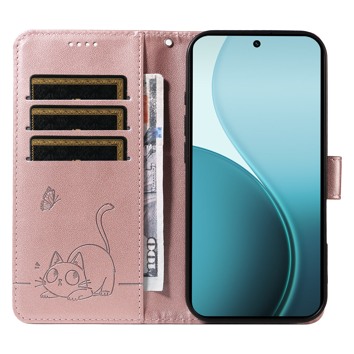 For Oppo Reno14 Pro 5G (China) / Oppo Reno14 Pro 5G (Global) Case Cat Pattern Imprint Leather Phone Cover with Wrist Strap - Rose Gold