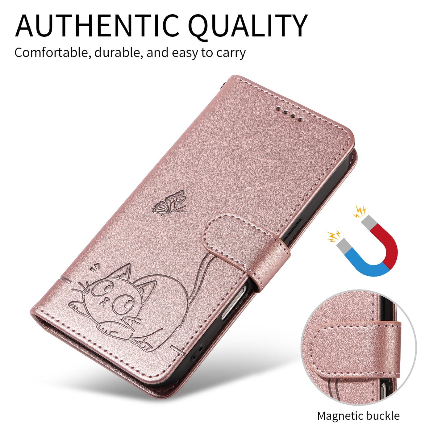 For Oppo Reno14 Pro 5G (China) / Oppo Reno14 Pro 5G (Global) Case Cat Pattern Imprint Leather Phone Cover with Wrist Strap - Rose Gold