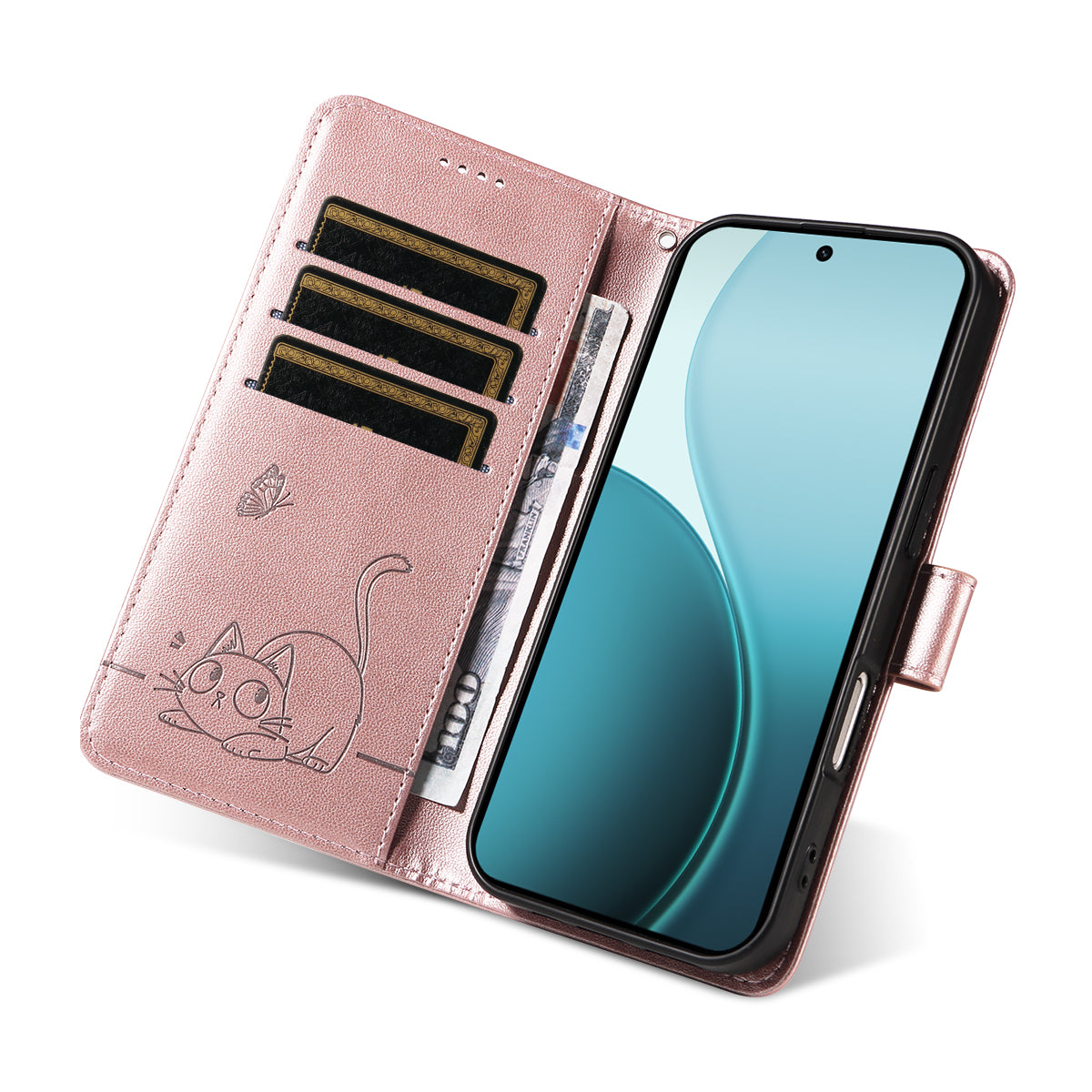 For Oppo Reno14 Pro 5G (China) / Oppo Reno14 Pro 5G (Global) Case Cat Pattern Imprint Leather Phone Cover with Wrist Strap - Rose Gold