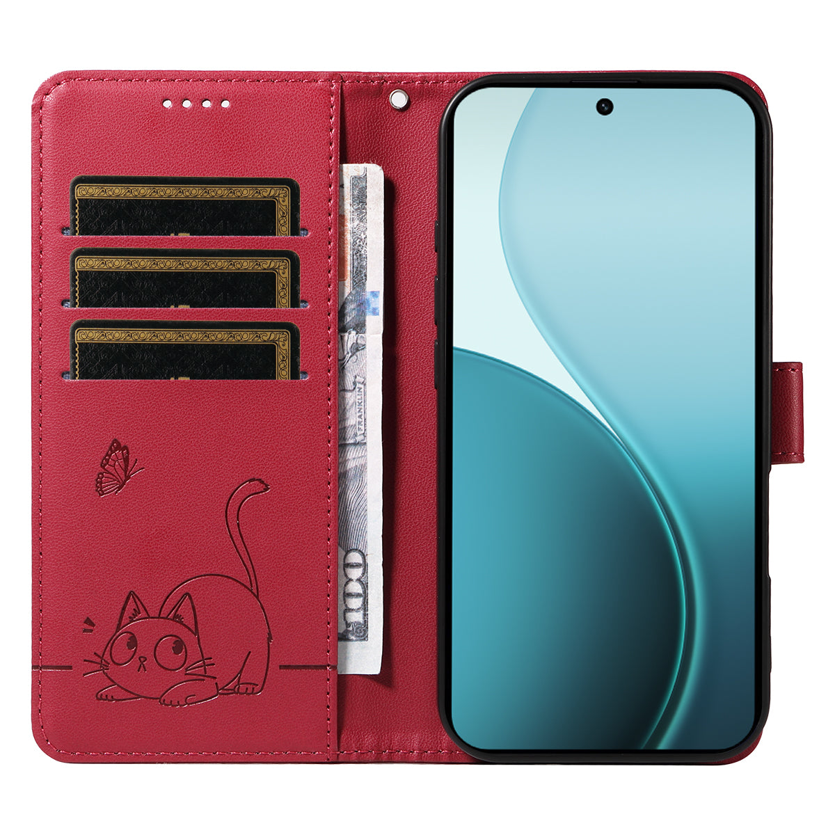 For Oppo Reno14 Pro 5G (China) / Oppo Reno14 Pro 5G (Global) Case Cat Pattern Imprint Leather Phone Cover with Wrist Strap - Red