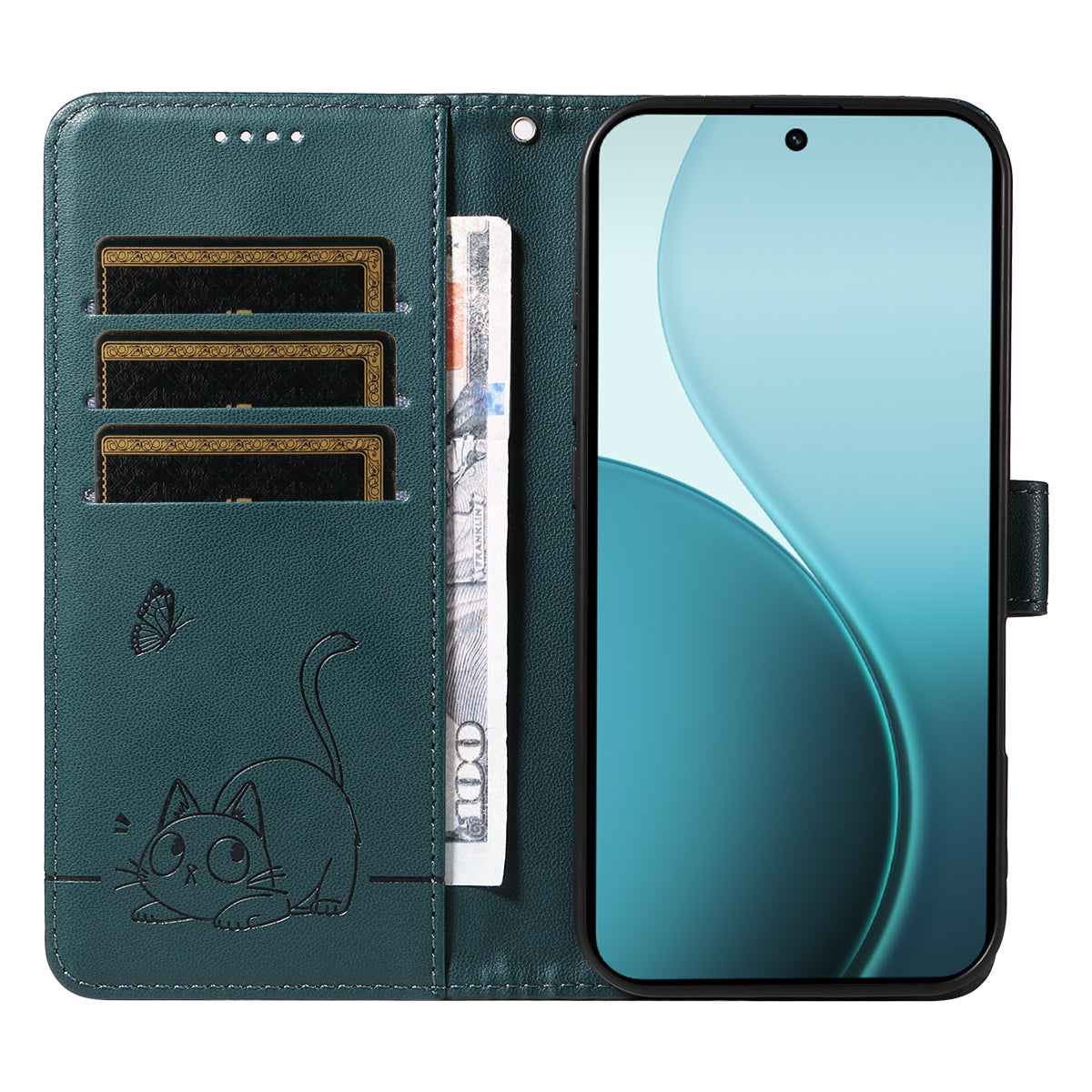 For Oppo Reno14 Pro 5G (China) / Oppo Reno14 Pro 5G (Global) Case Cat Pattern Imprint Leather Phone Cover with Wrist Strap - Blue