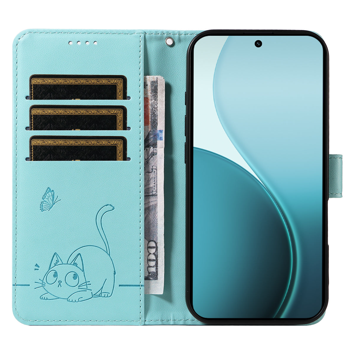 For Oppo Reno14 Pro 5G (China) / Oppo Reno14 Pro 5G (Global) Case Cat Pattern Imprint Leather Phone Cover with Wrist Strap - Green