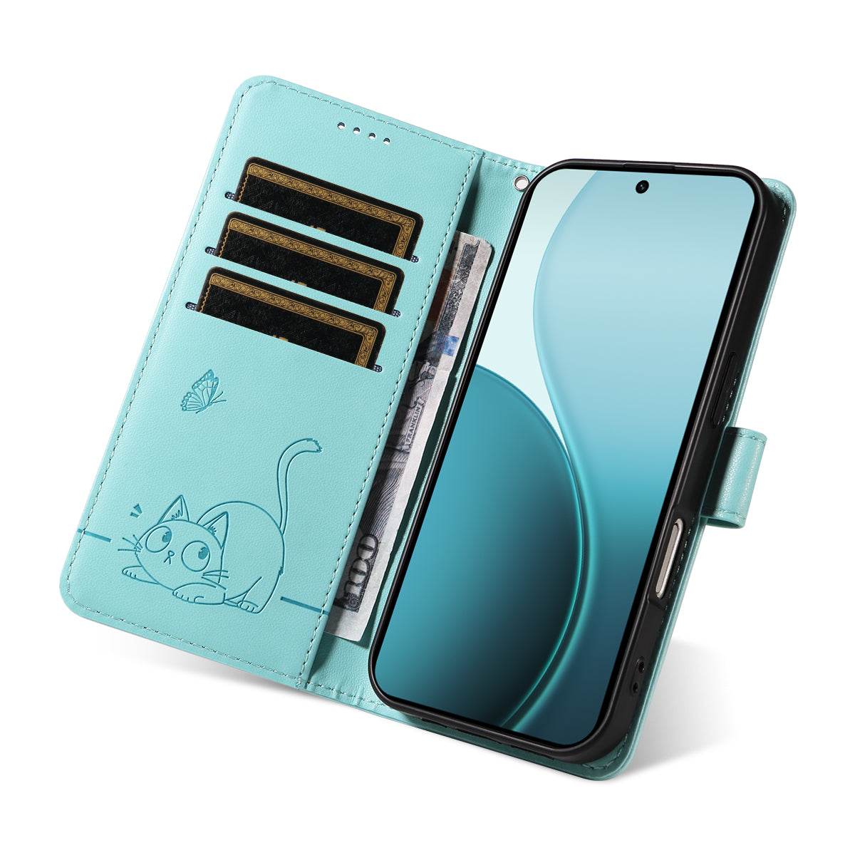 For Oppo Reno14 Pro 5G (China) / Oppo Reno14 Pro 5G (Global) Case Cat Pattern Imprint Leather Phone Cover with Wrist Strap - Green