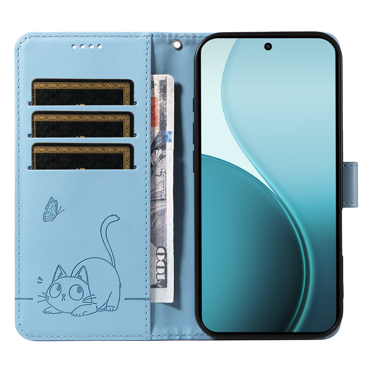 For Oppo Reno14 Pro 5G (China) / Oppo Reno14 Pro 5G (Global) Case Cat Pattern Imprint Leather Phone Cover with Wrist Strap - Sky Blue