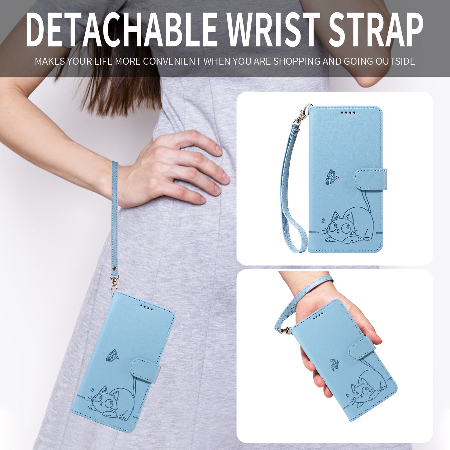 For Oppo Reno14 Pro 5G (China) / Oppo Reno14 Pro 5G (Global) Case Cat Pattern Imprint Leather Phone Cover with Wrist Strap - Sky Blue