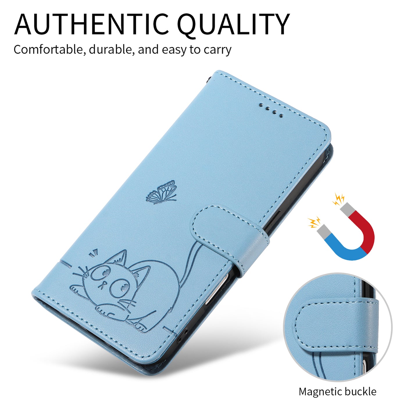 For Oppo Reno14 Pro 5G (China) / Oppo Reno14 Pro 5G (Global) Case Cat Pattern Imprint Leather Phone Cover with Wrist Strap - Sky Blue