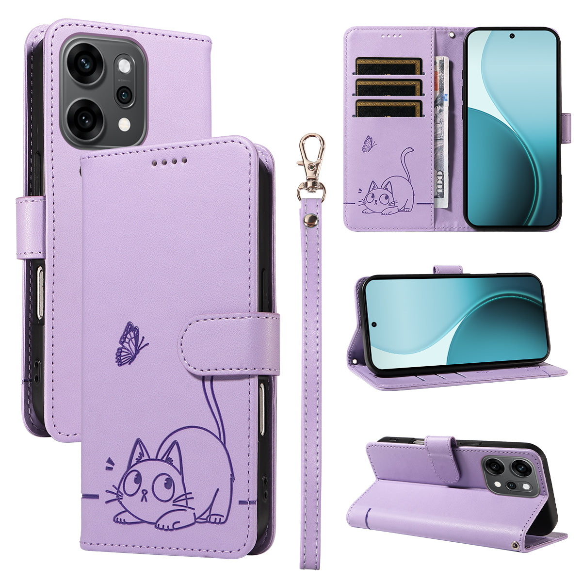 For Oppo Reno14 Pro 5G (China) / Oppo Reno14 Pro 5G (Global) Case Cat Pattern Imprint Leather Phone Cover with Wrist Strap - Purple