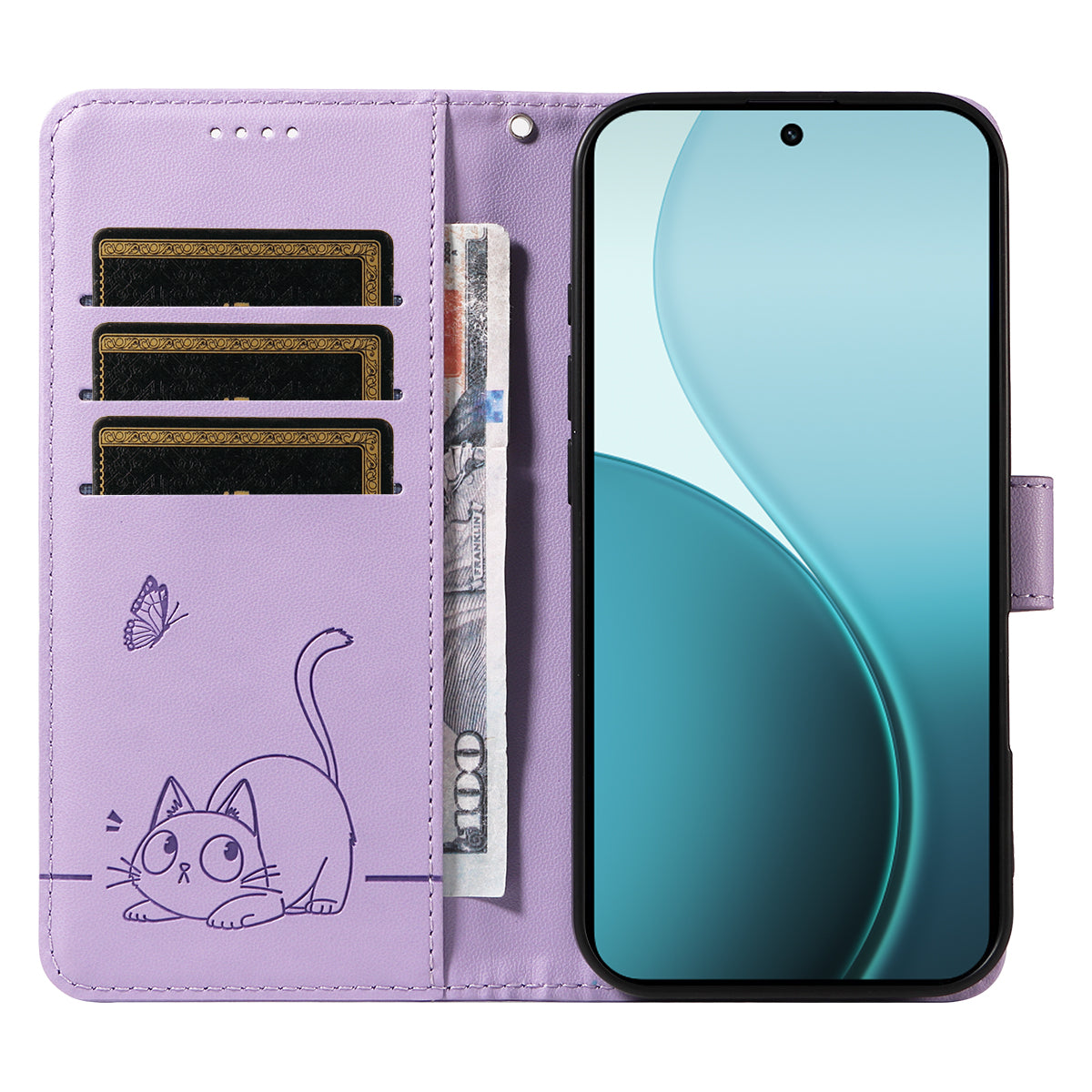 For Oppo Reno14 Pro 5G (China) / Oppo Reno14 Pro 5G (Global) Case Cat Pattern Imprint Leather Phone Cover with Wrist Strap - Purple