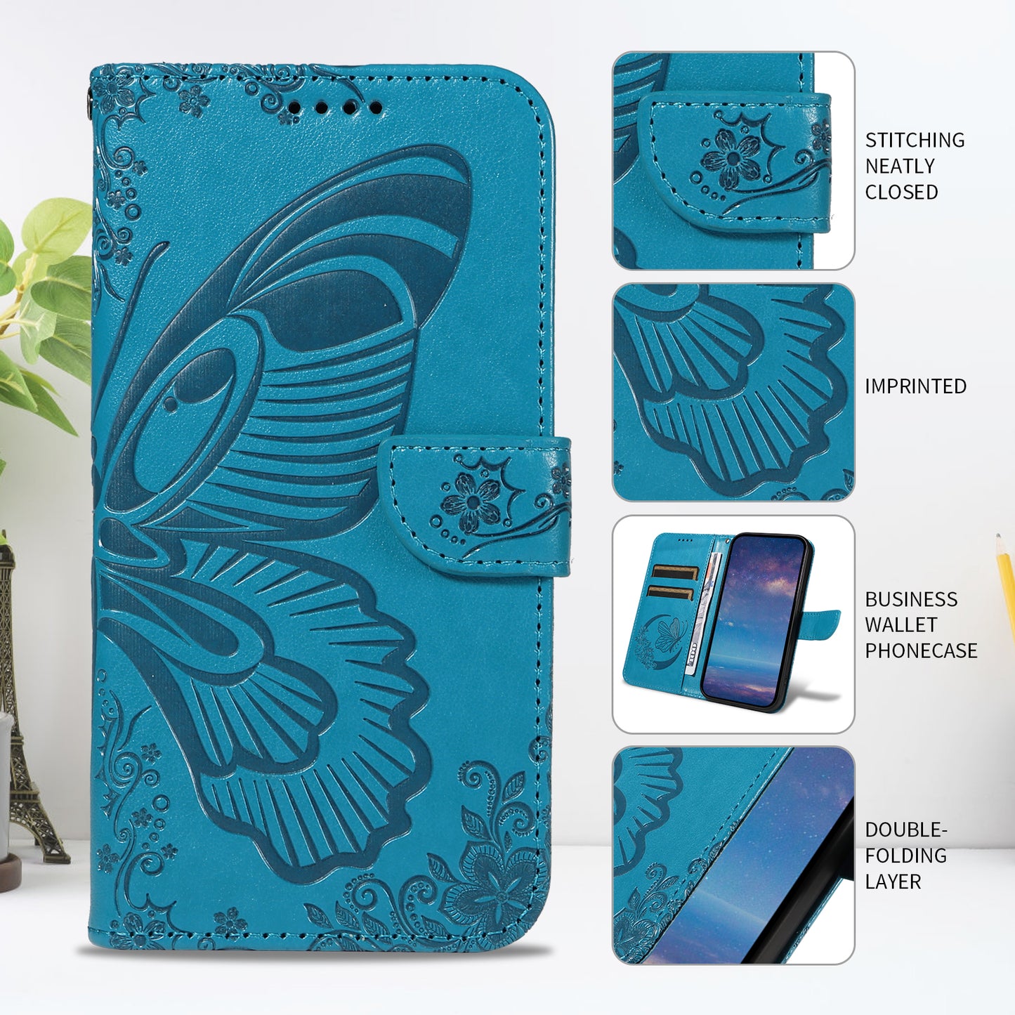 For Oppo Reno14 Pro 5G (China) / Oppo Reno14 Pro 5G (Global) Case Butterfly Pattern PU Leather Folio Flip Phone Cover - Blue