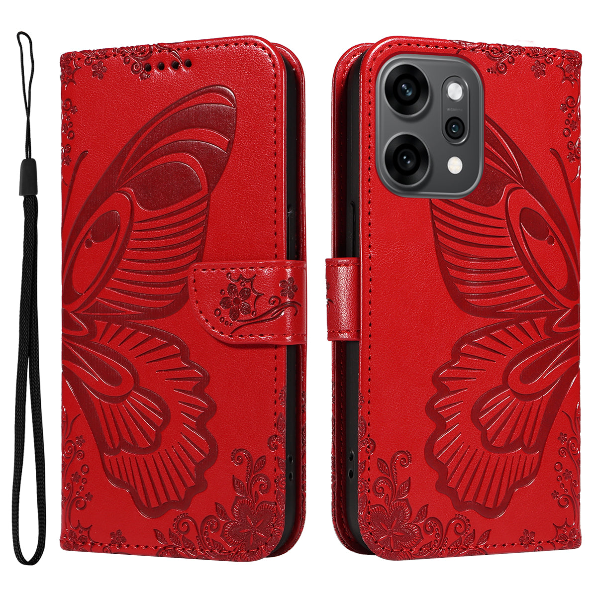 For Oppo Reno14 Pro 5G (China) / Oppo Reno14 Pro 5G (Global) Case Butterfly Pattern PU Leather Folio Flip Phone Cover - Red