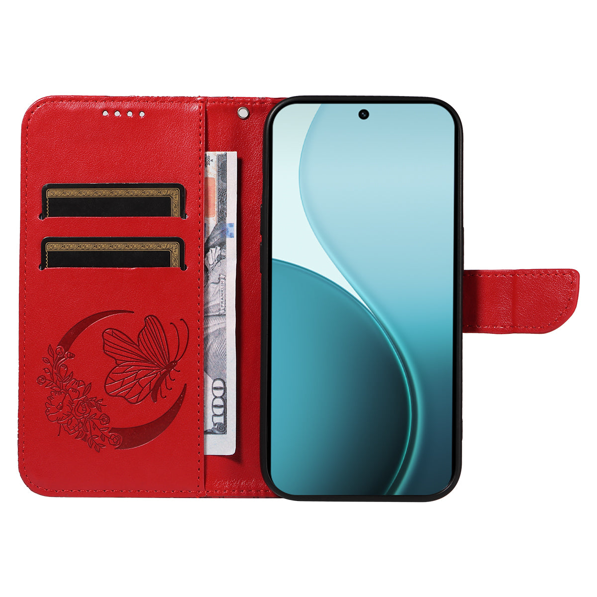 For Oppo Reno14 Pro 5G (China) / Oppo Reno14 Pro 5G (Global) Case Butterfly Pattern PU Leather Folio Flip Phone Cover - Red