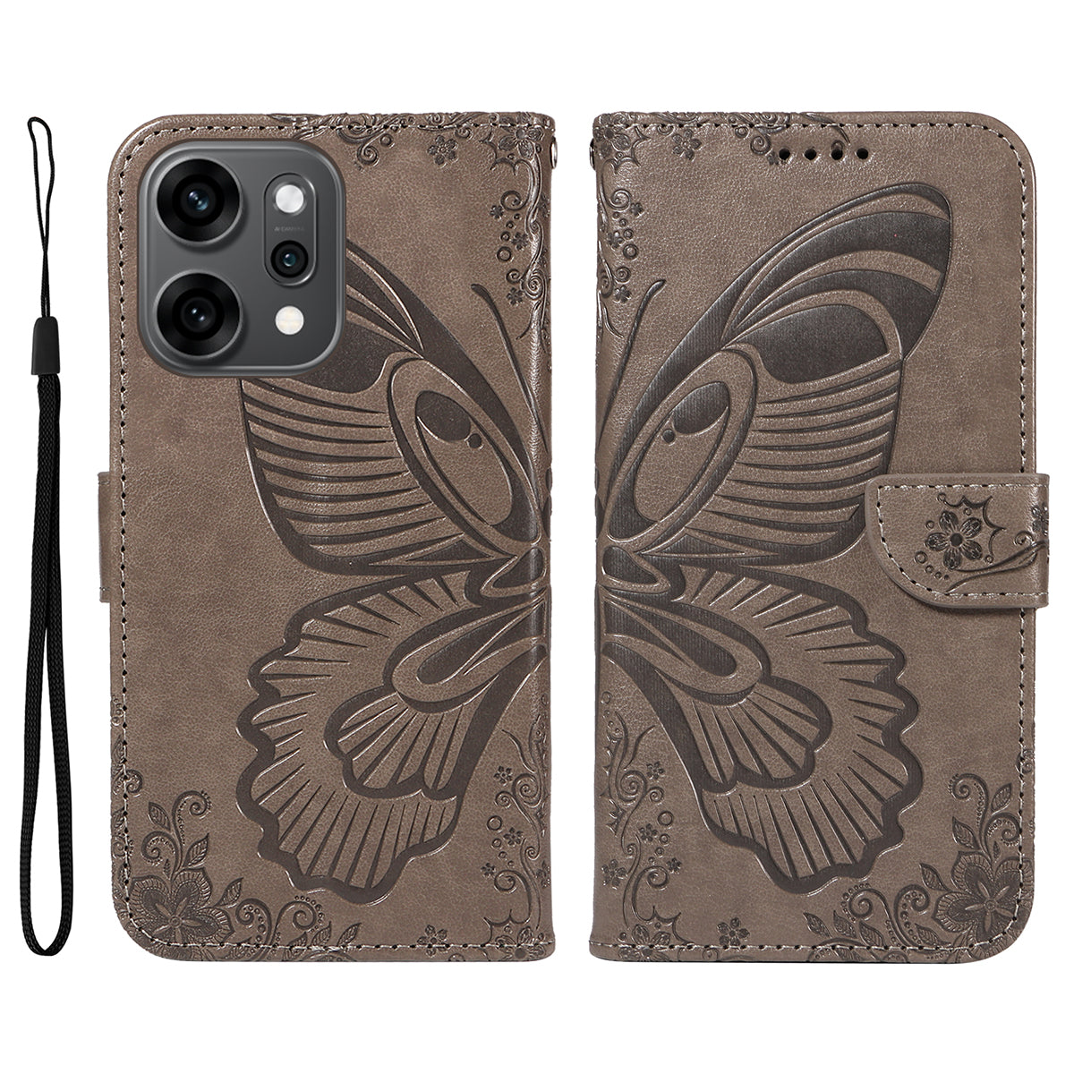 For Oppo Reno14 Pro 5G (China) / Oppo Reno14 Pro 5G (Global) Case Butterfly Pattern PU Leather Folio Flip Phone Cover - Grey