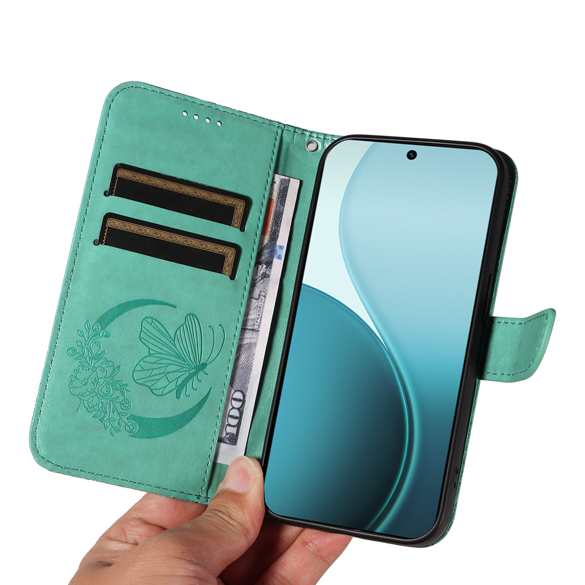 For Oppo Reno14 Pro 5G (China) / Oppo Reno14 Pro 5G (Global) Case Butterfly Pattern PU Leather Folio Flip Phone Cover - Green