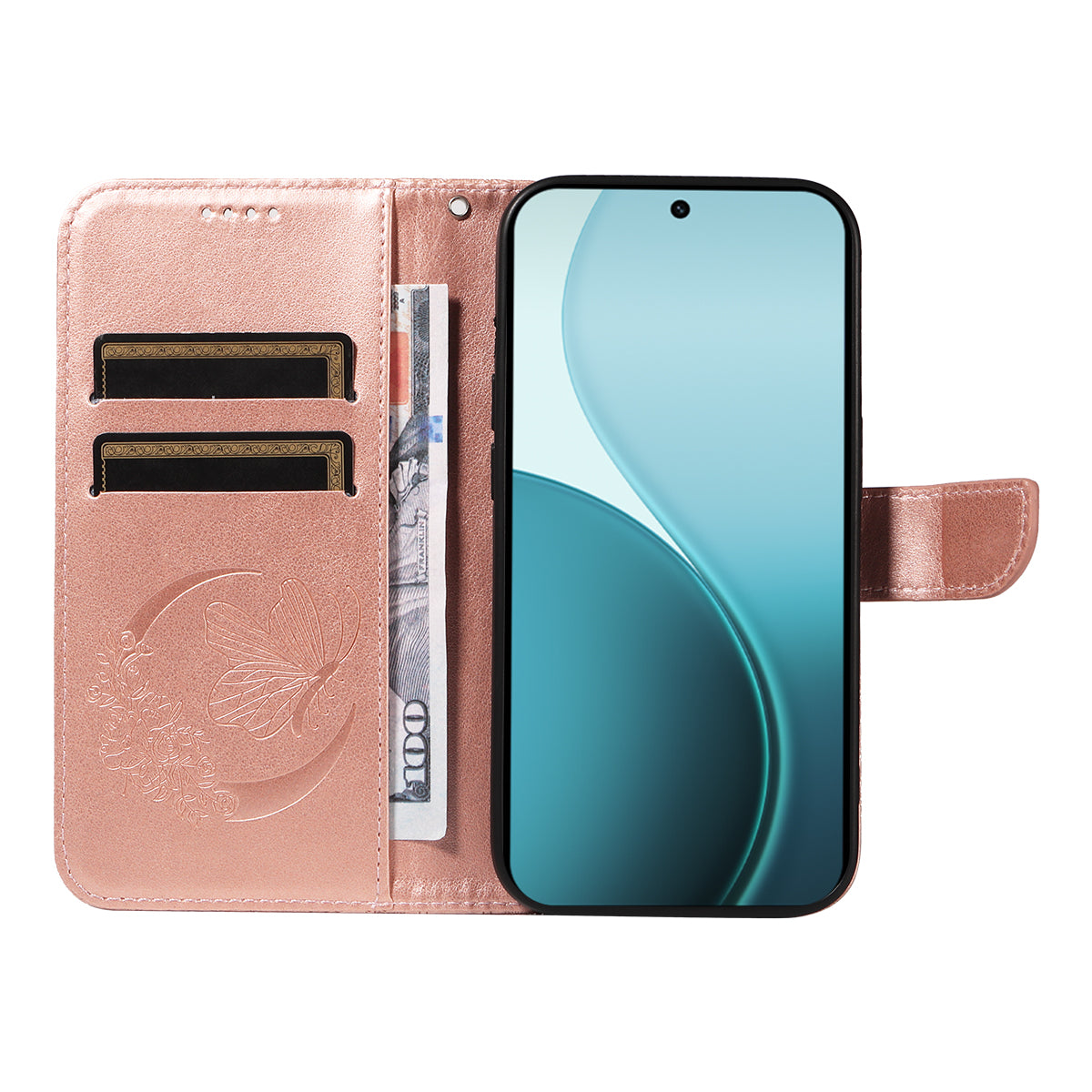 For Oppo Reno14 Pro 5G (China) / Oppo Reno14 Pro 5G (Global) Case Butterfly Pattern PU Leather Folio Flip Phone Cover - Rose Gold