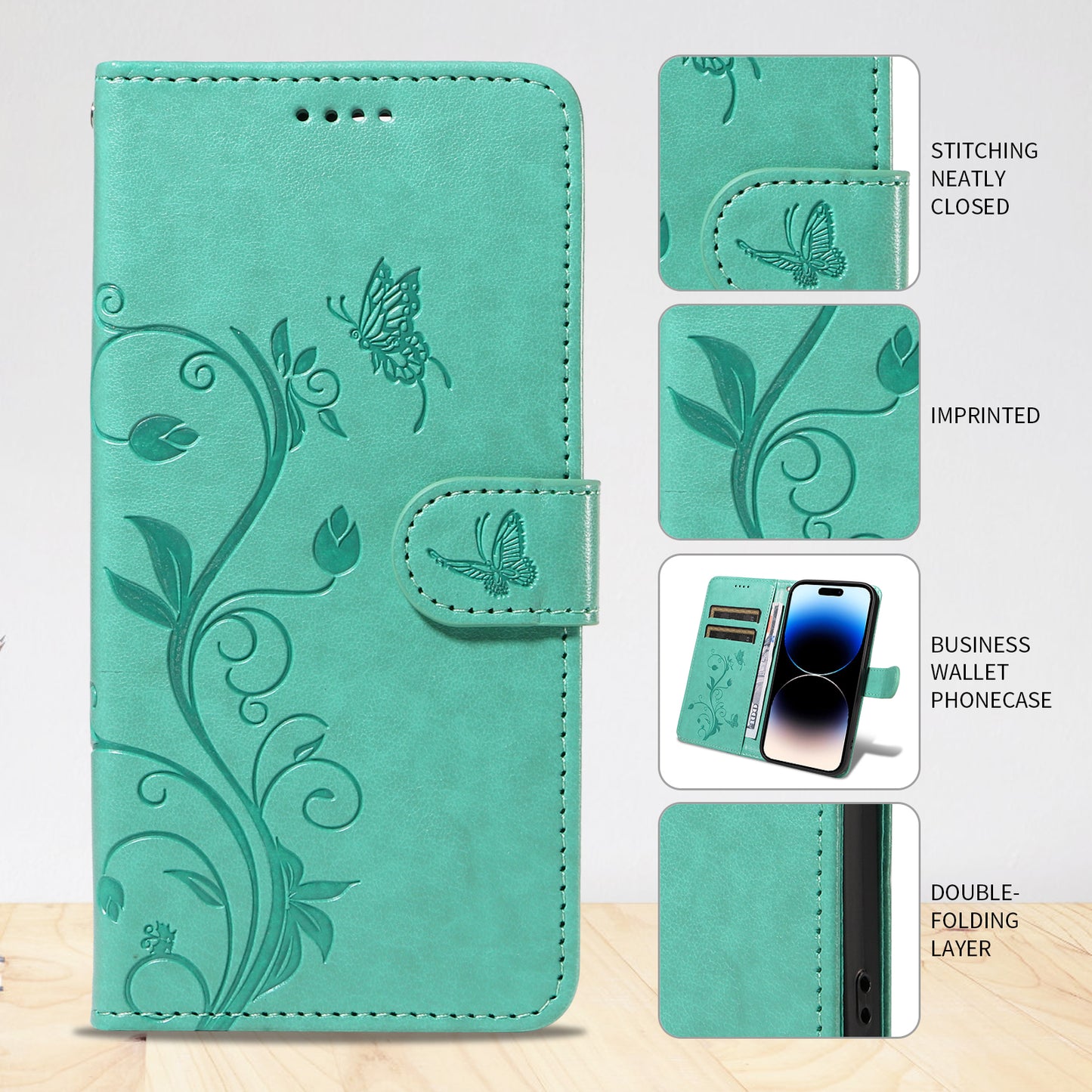 For Oppo Reno14 Pro 5G (China) / Oppo Reno14 Pro 5G (Global) PU Leather Cases Flower Pattern Wallet Stand Phone Cover with Strap - Green
