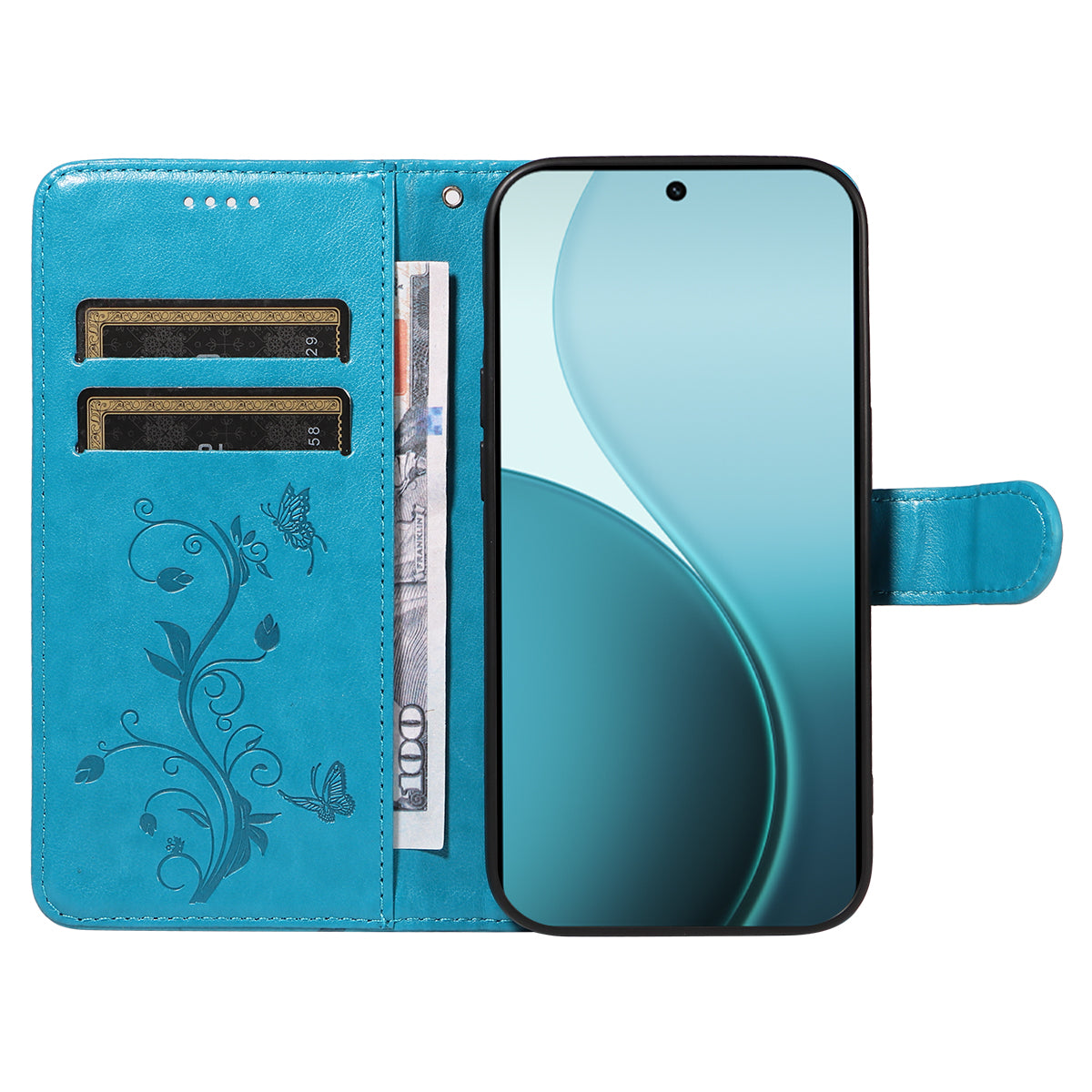 For Oppo Reno14 Pro 5G (China) / Oppo Reno14 Pro 5G (Global) PU Leather Cases Flower Pattern Wallet Stand Phone Cover with Strap - Blue