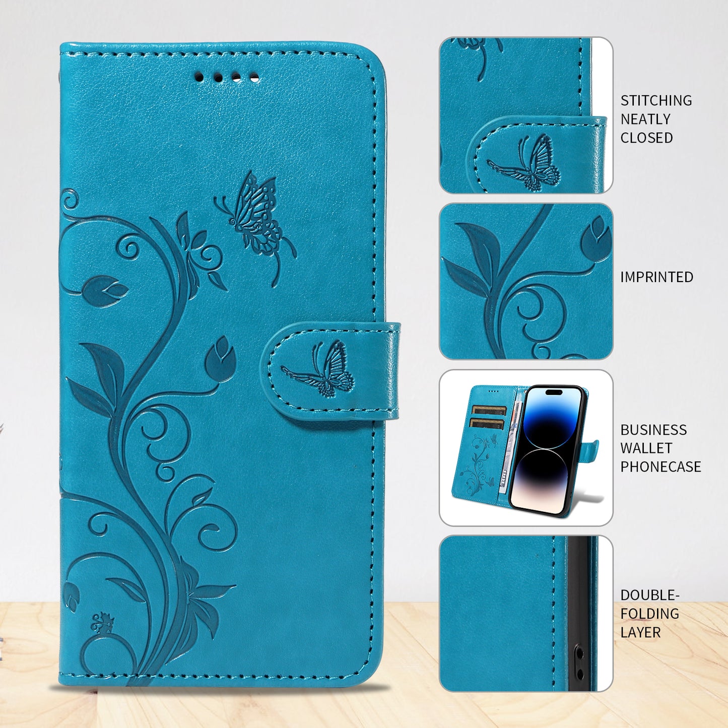 For Oppo Reno14 Pro 5G (China) / Oppo Reno14 Pro 5G (Global) PU Leather Cases Flower Pattern Wallet Stand Phone Cover with Strap - Blue