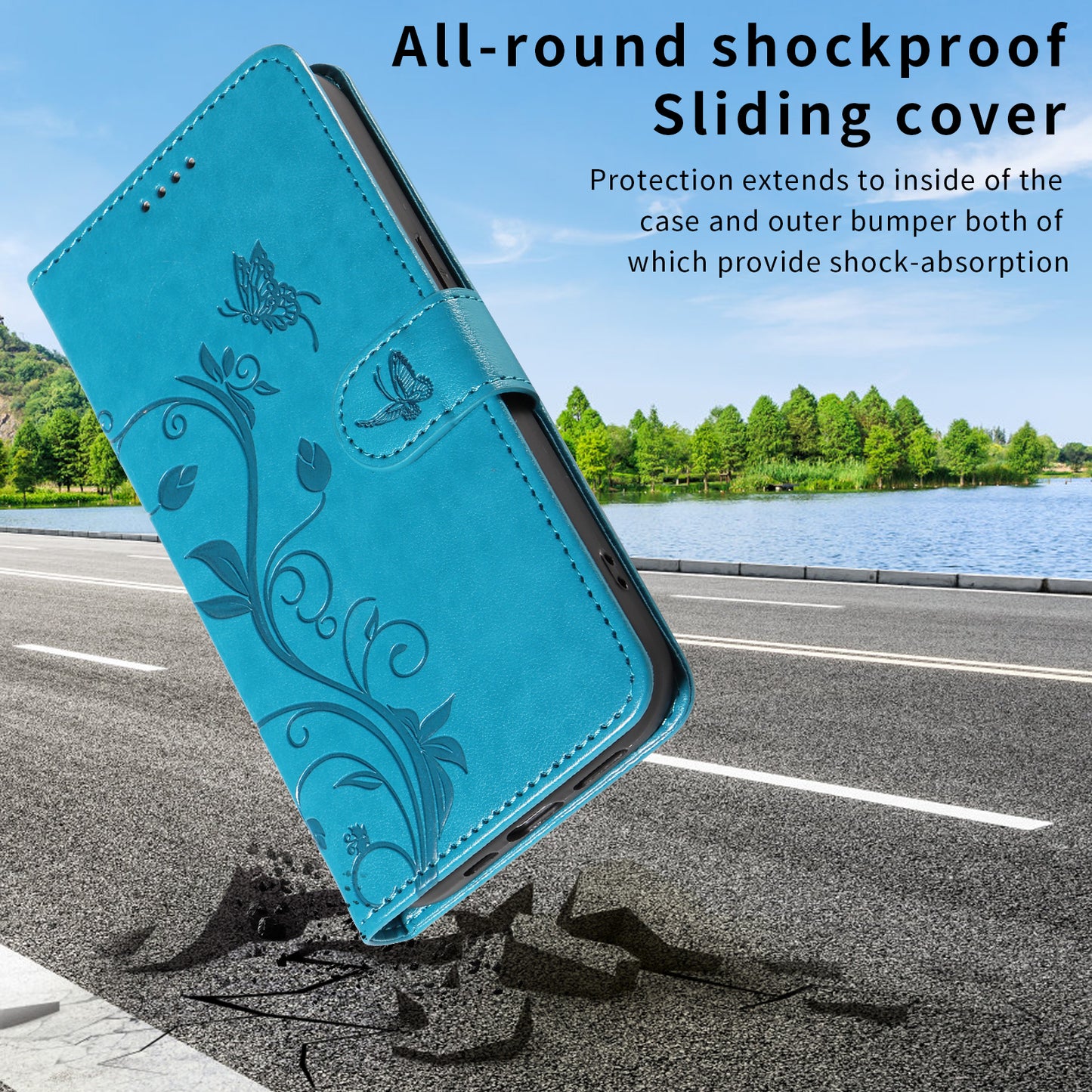 For Oppo Reno14 Pro 5G (China) / Oppo Reno14 Pro 5G (Global) PU Leather Cases Flower Pattern Wallet Stand Phone Cover with Strap - Blue