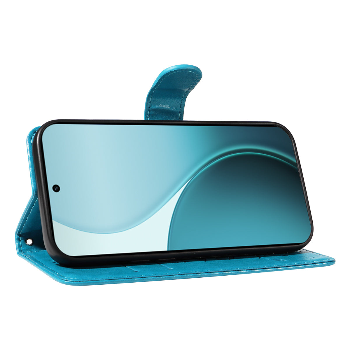 For Oppo Reno14 Pro 5G (China) / Oppo Reno14 Pro 5G (Global) PU Leather Cases Flower Pattern Wallet Stand Phone Cover with Strap - Blue